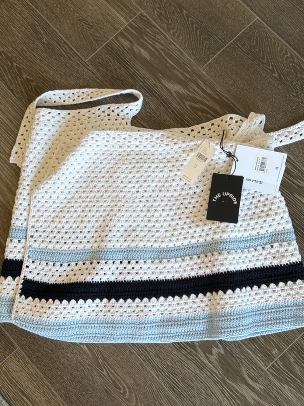The Upside Crochet A-Line Skirt in White with Light Blue and Black Stripes